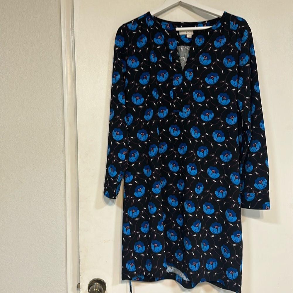 Loft Vibrant Floral Dress in Black, Blue, Brown and Cream Women’s Size Small
